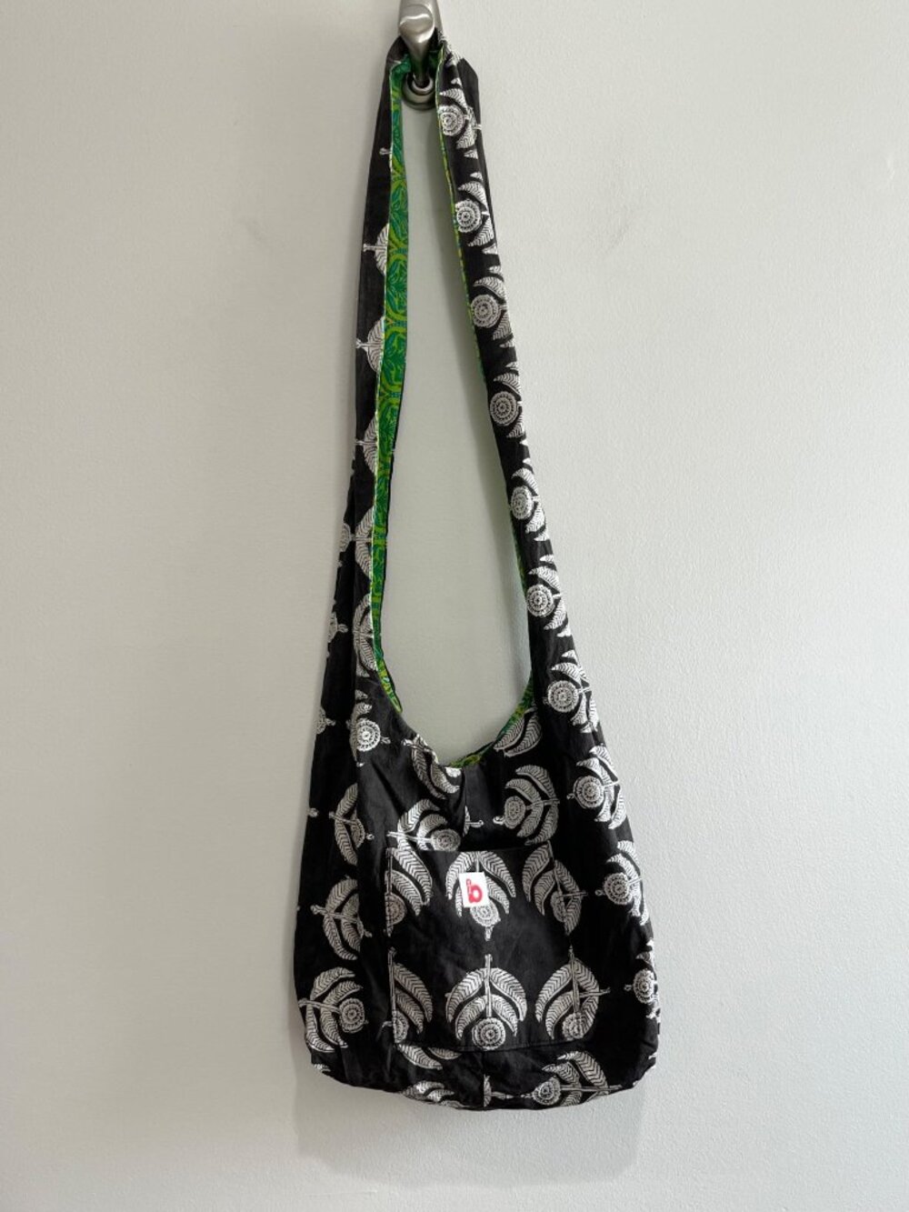 BOPS Reversible Upcycled Hobo Bag Brown/Green Print with Pocket
